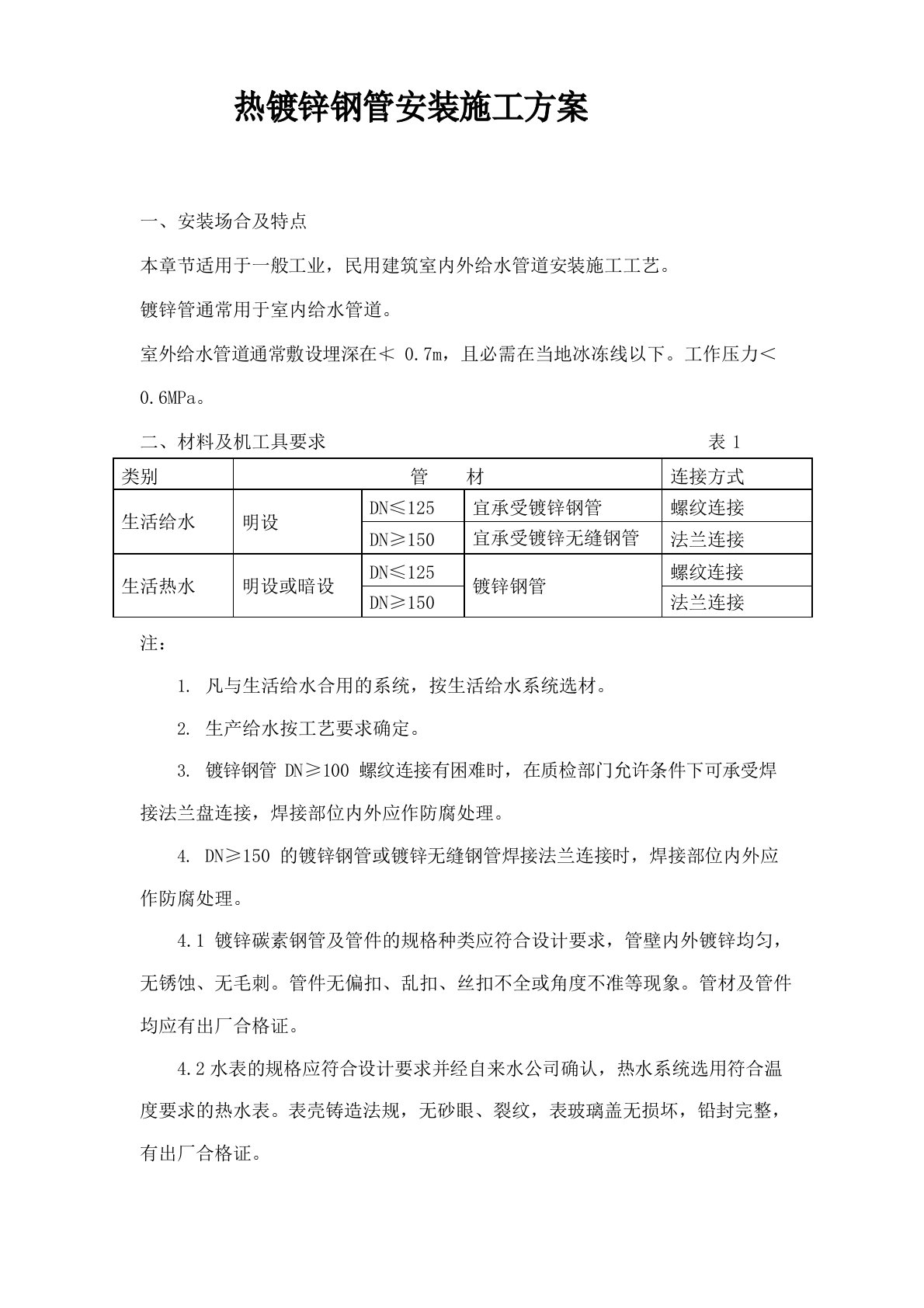 热镀锌钢管安装施工方案