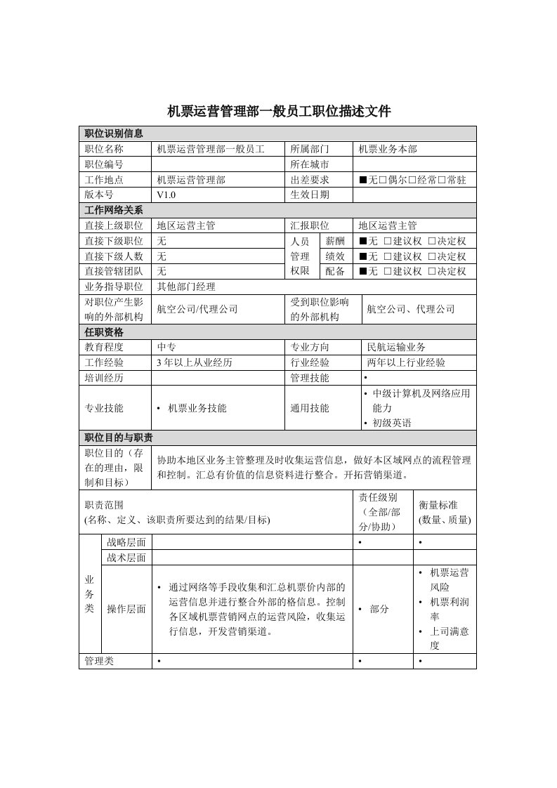 运营管理-机票运营管理部一般员工岗位说明书