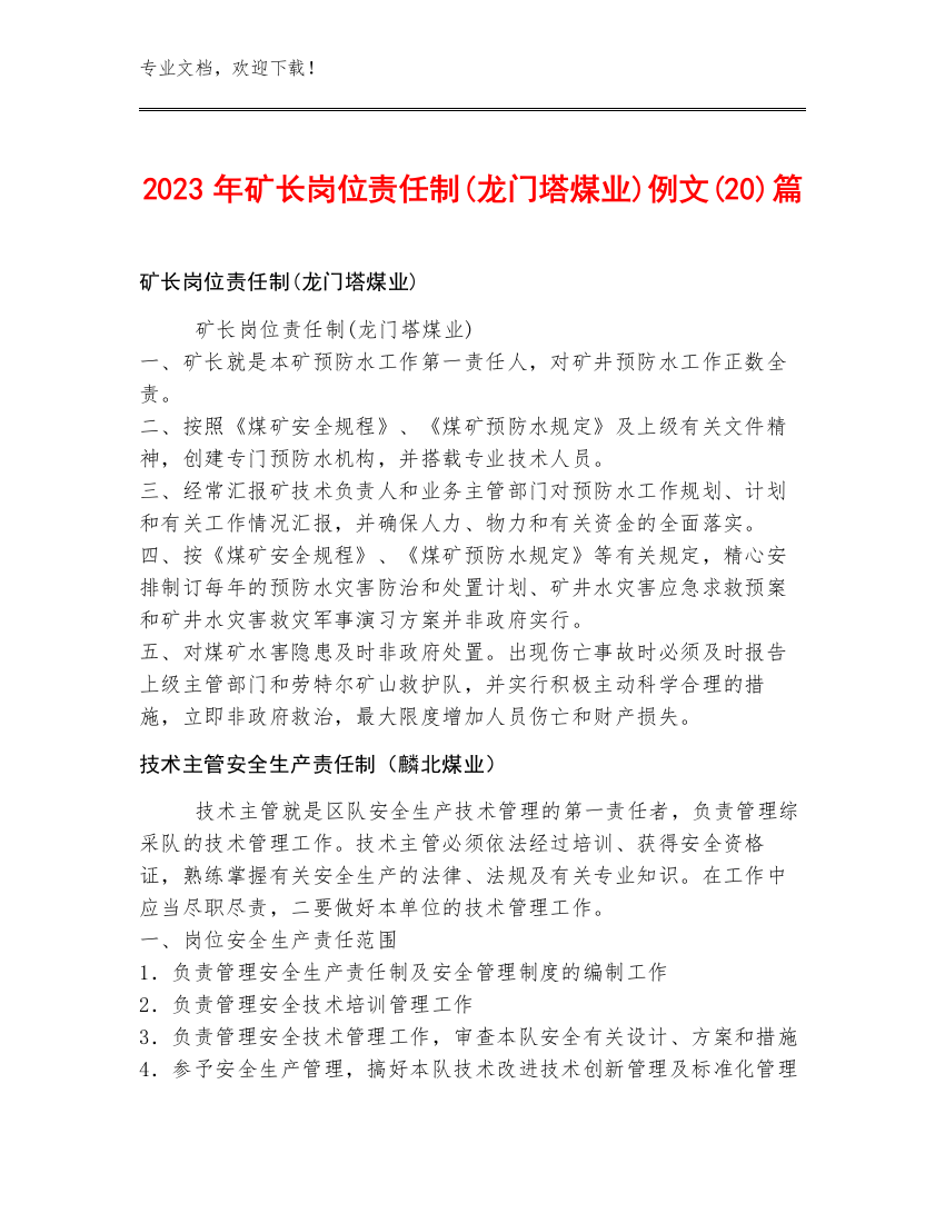 2023年矿长岗位责任制(龙门塔煤业)例文(20)篇