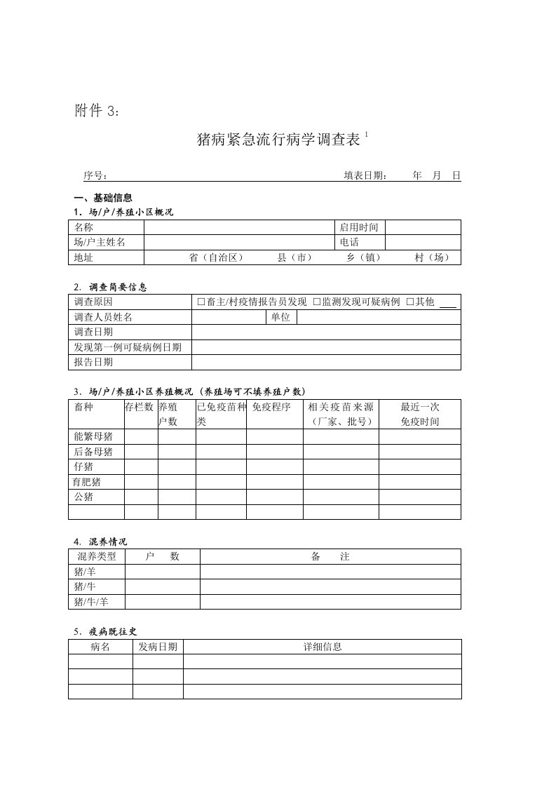 猪病紧急流行病学调查表1