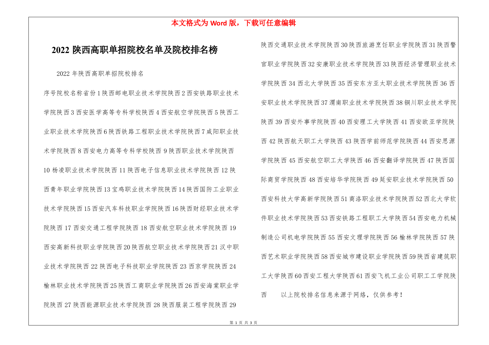 2022陕西高职单招院校名单及院校排名榜