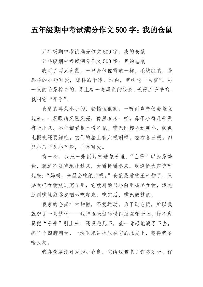 五年级期中考试满分作文500字：我的仓鼠