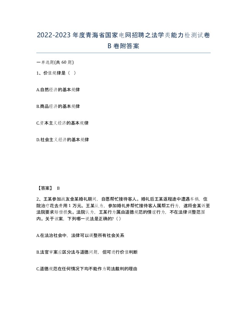 2022-2023年度青海省国家电网招聘之法学类能力检测试卷B卷附答案