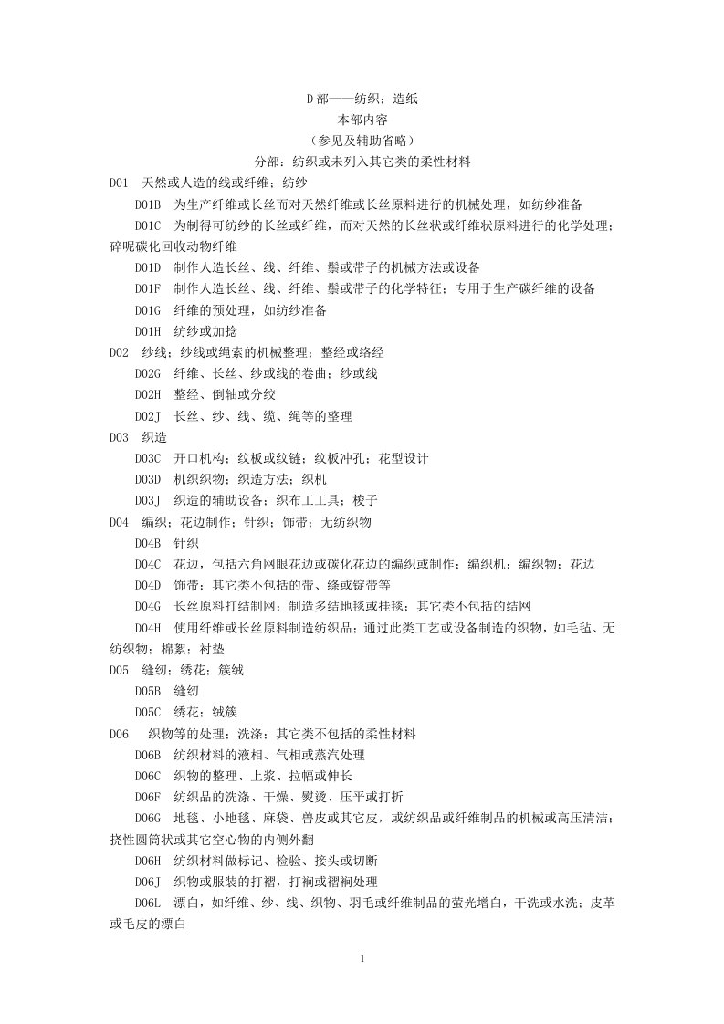 国际专利分类表D部－纺织造纸