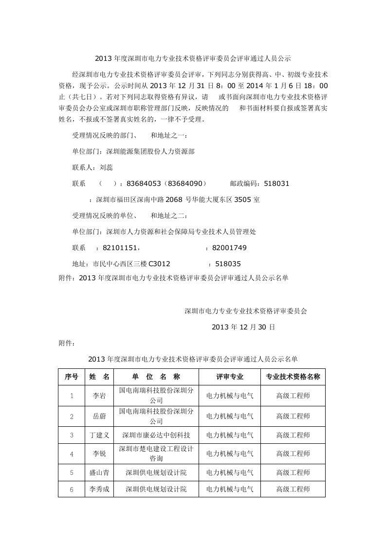 深圳电力专业技术资格评审委员会评审通过人员公示