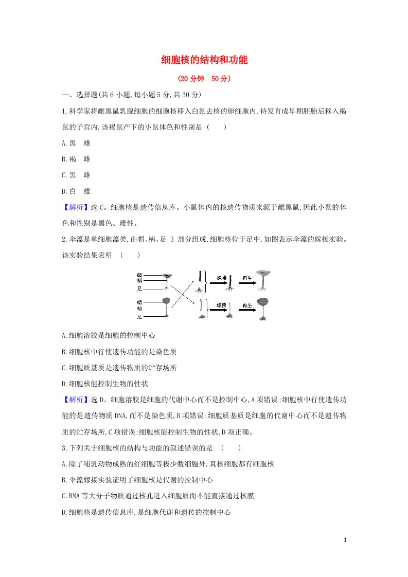 2021_2022新教材高中生物第3章细胞的基本结构3细胞核的结构和功能检测含解析新人教版必修1