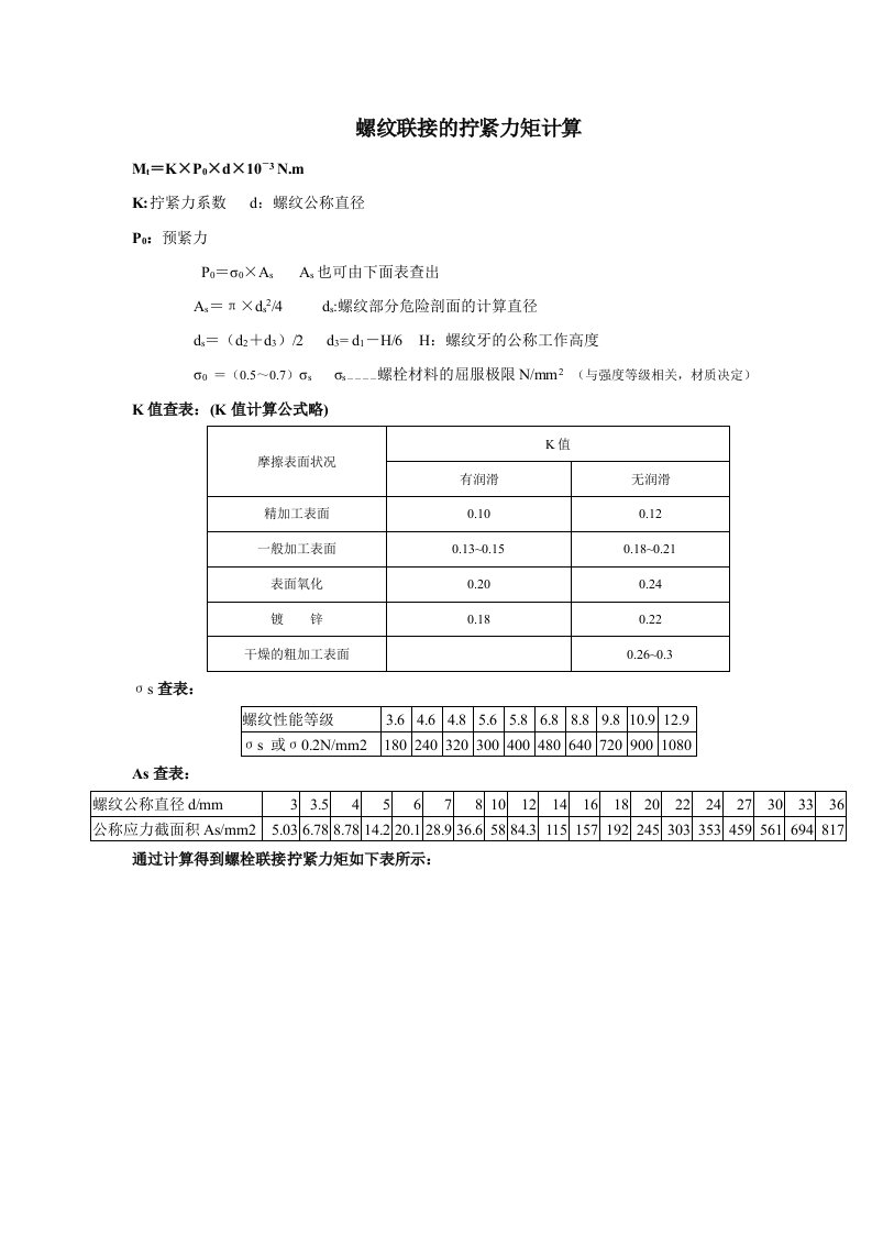 螺纹联接的拧紧力矩计算