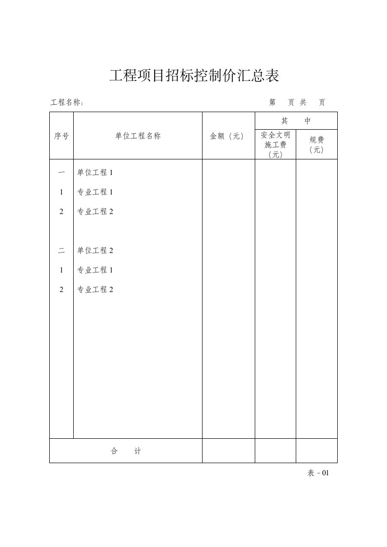 工程项目招标控制价汇总表