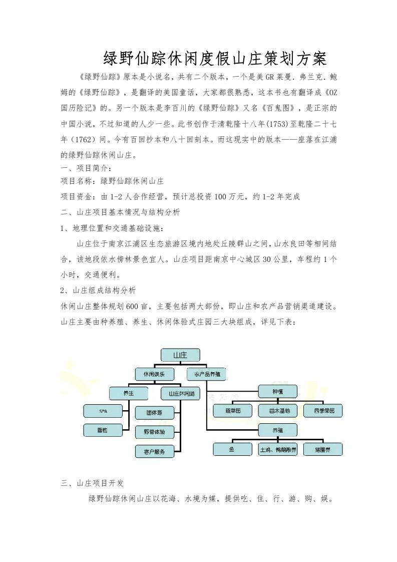 绿野仙踪休闲度假山庄项目策划实施方案