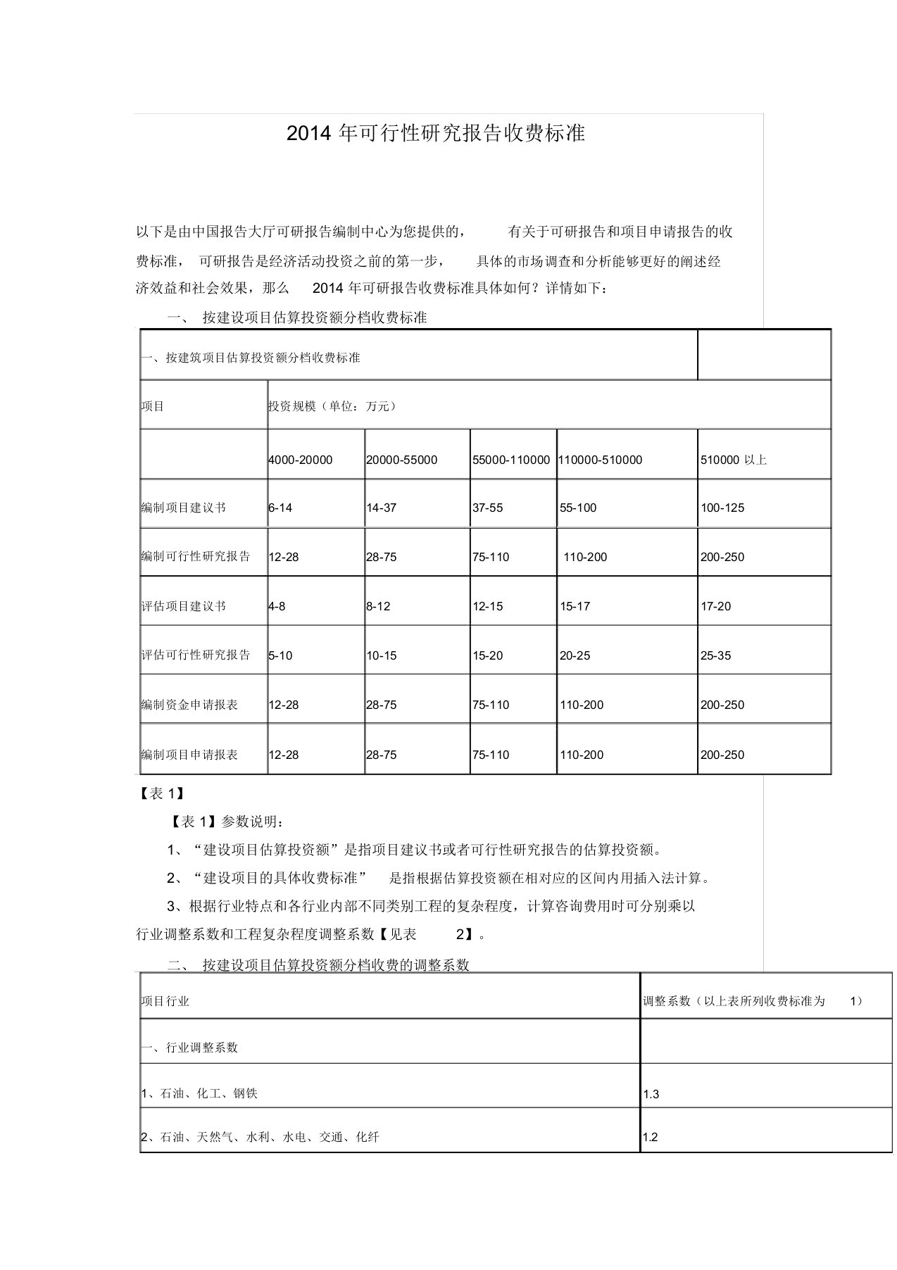 可行性研究报告收费标准