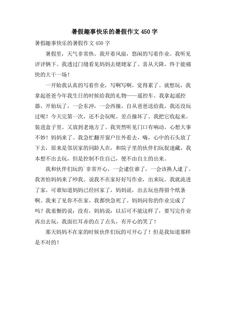 暑假趣事快乐的暑假作文450字