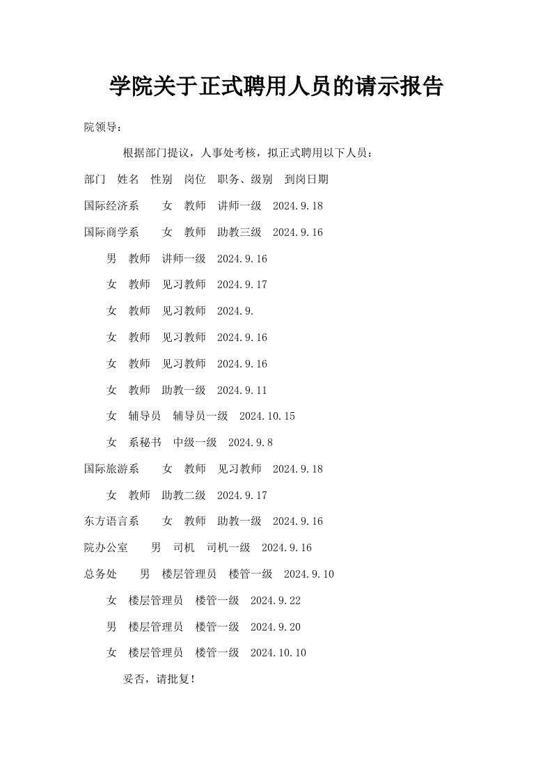 学院关于正式聘用人员的请示报告