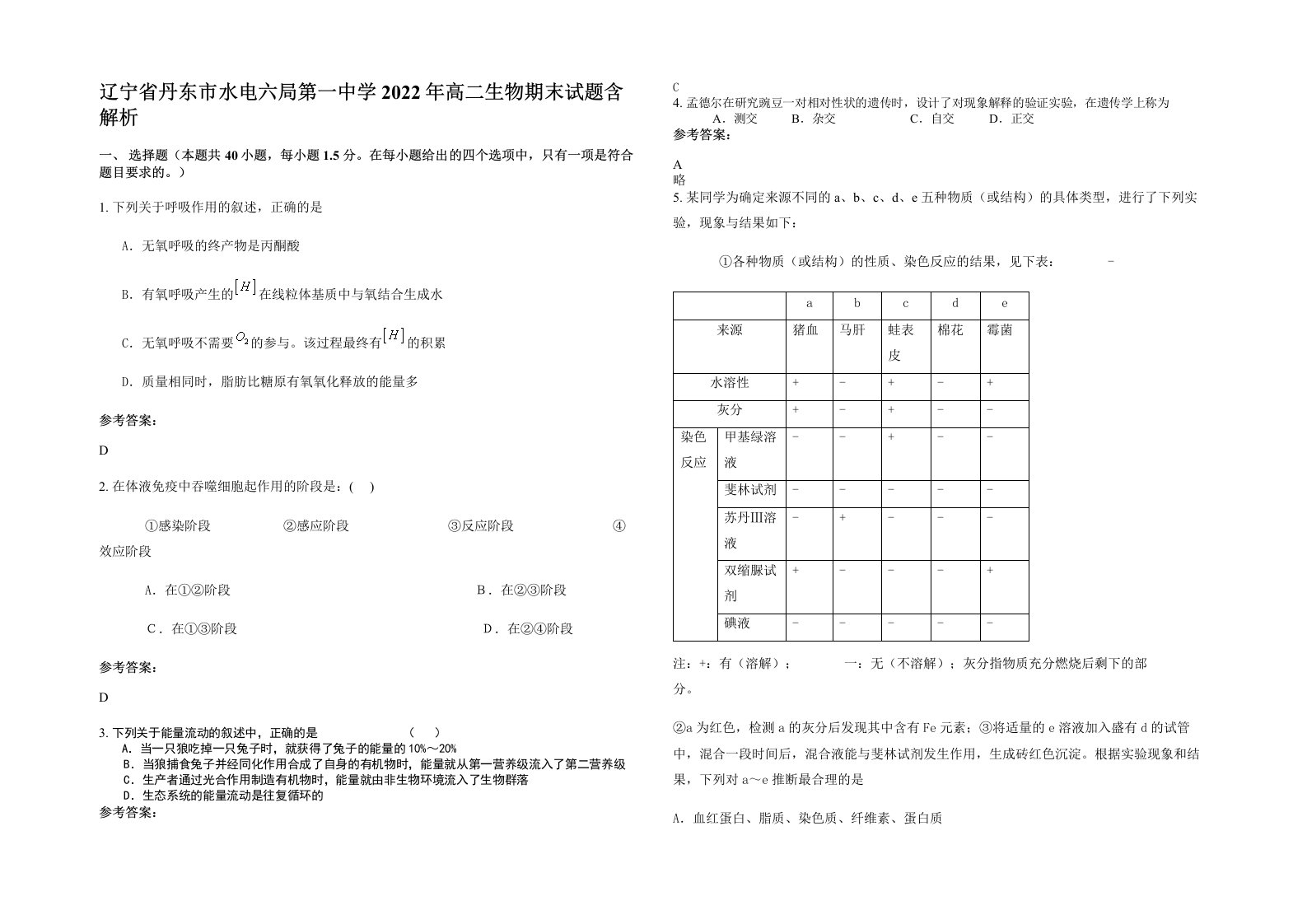 辽宁省丹东市水电六局第一中学2022年高二生物期末试题含解析