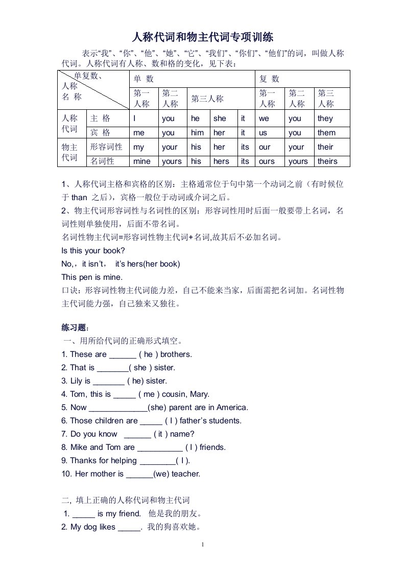 小学六年级人称代词专题练习