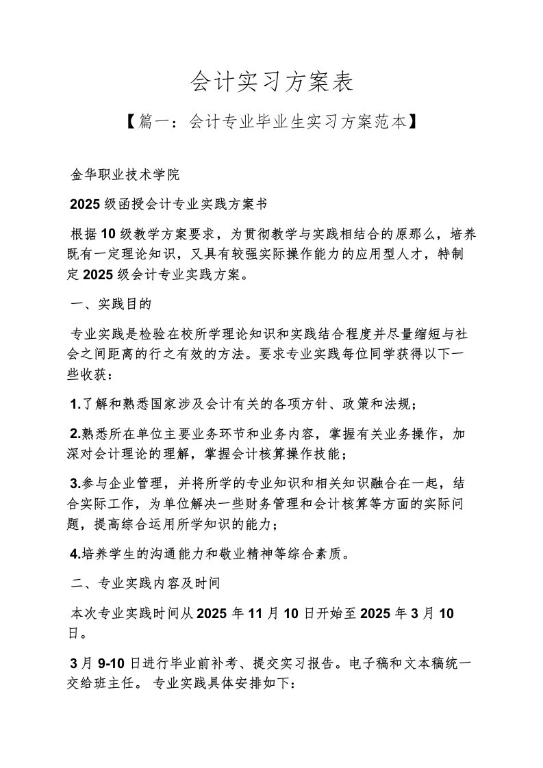 精选工作计划之会计实习计划表