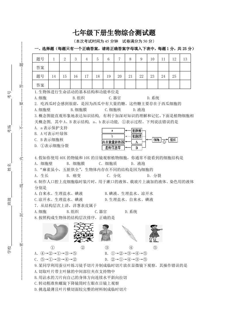 七年级下册生物综合测试题及答案