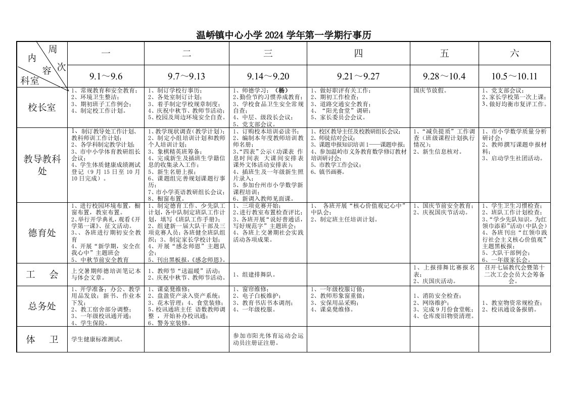 温峤镇中心小学2024学年第一学期行事历