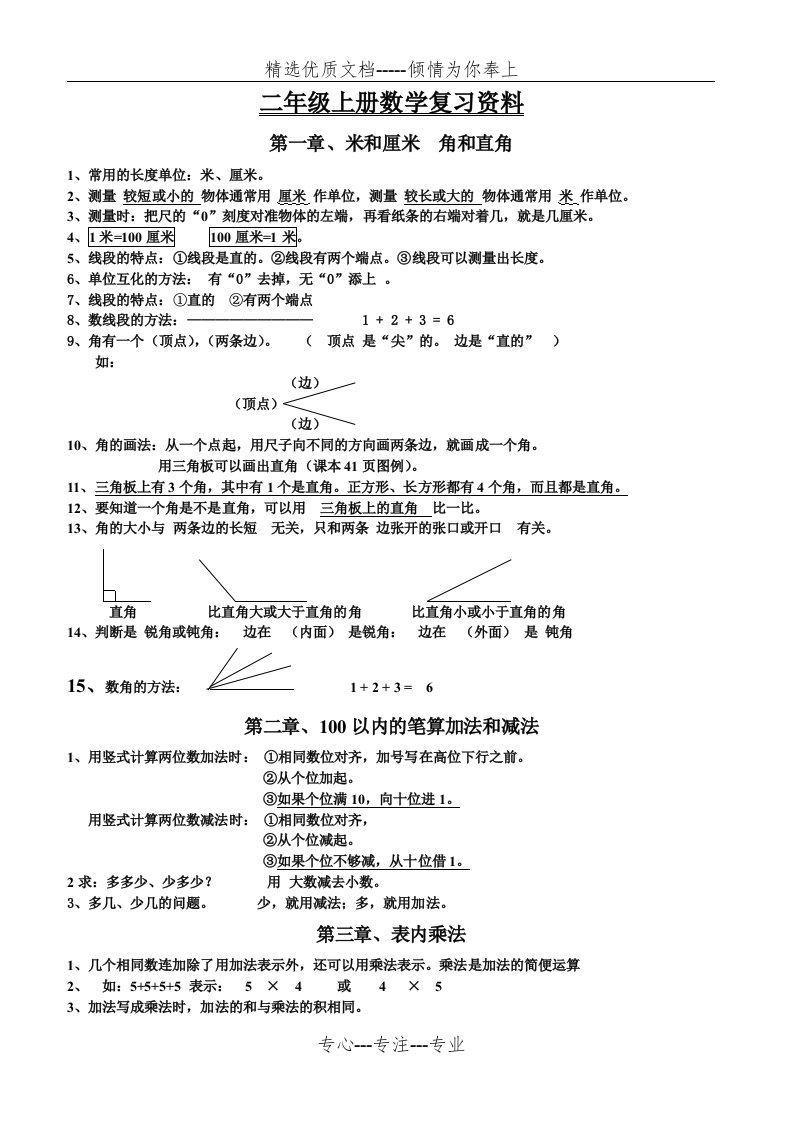 人教版小学二年级数学上册重难点复习资料-总结(共2页)