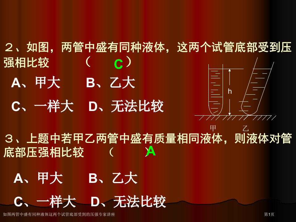 如图两管中盛有同种液体这两个试管底部受到的压强专家讲座课件PPT