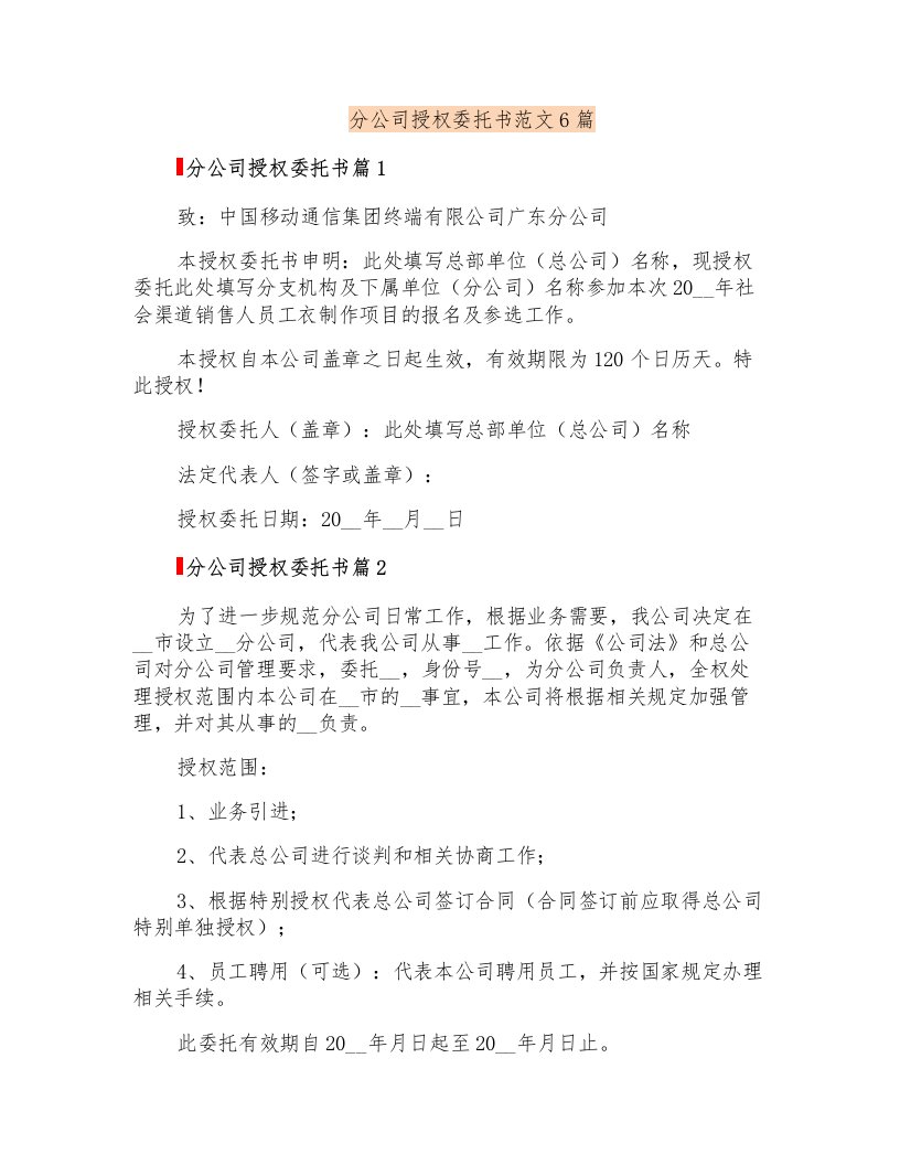 分公司授权委托书范文6篇