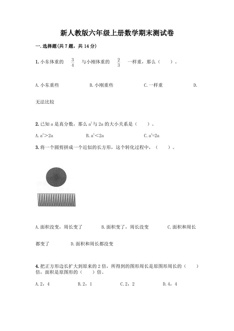 新人教版六年级上册数学期末测试卷及答案（各地真题）