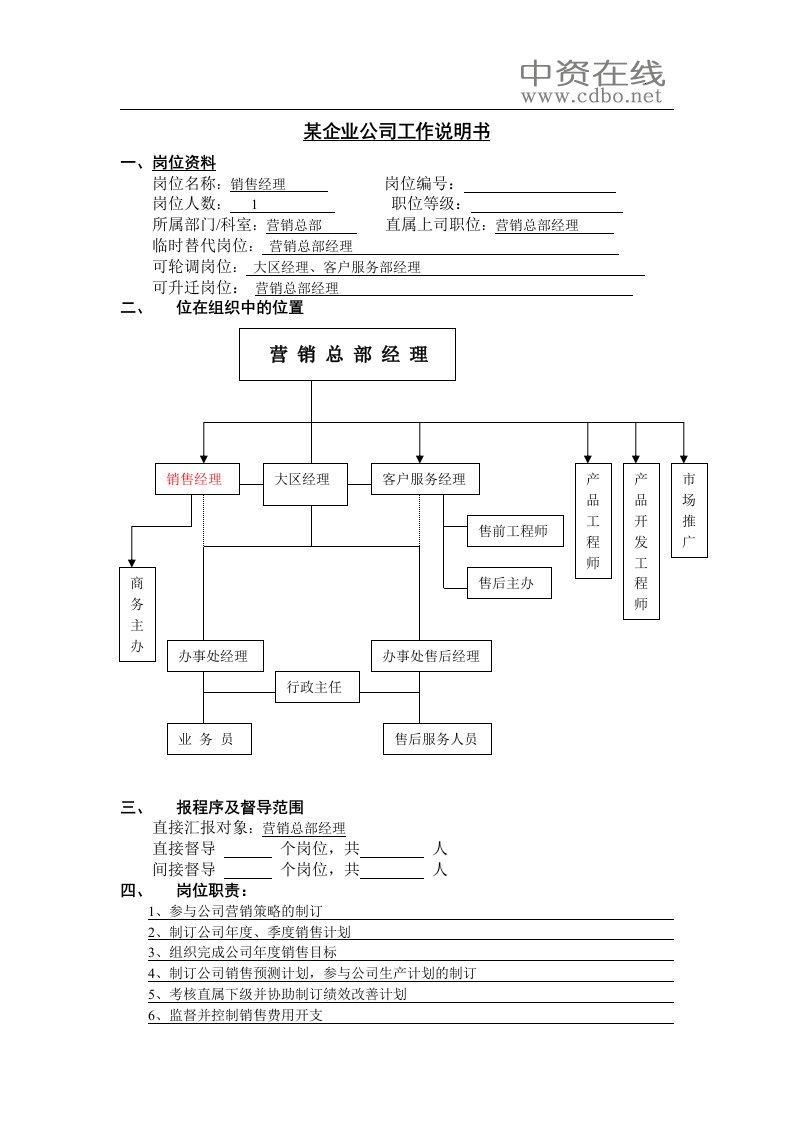 工作说明书－销售经理