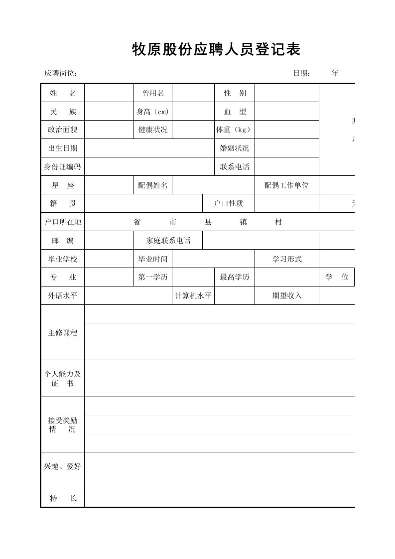 牧原股份应聘人员登记表