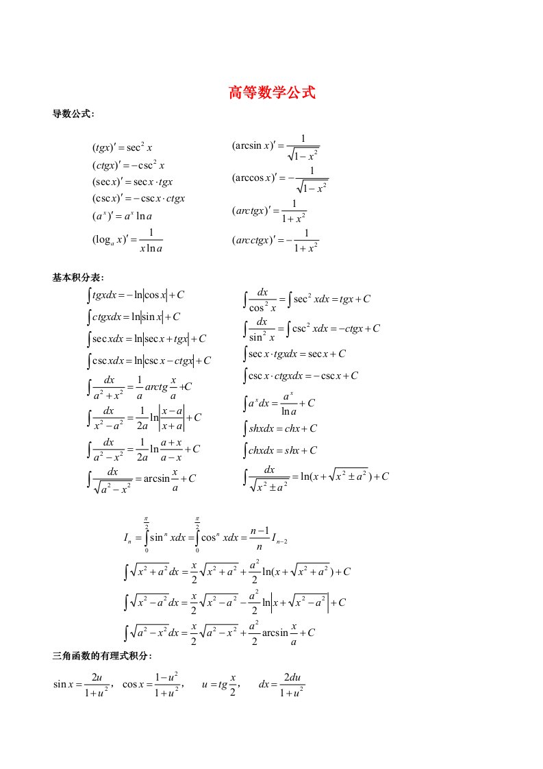 高等数学必背公式大全