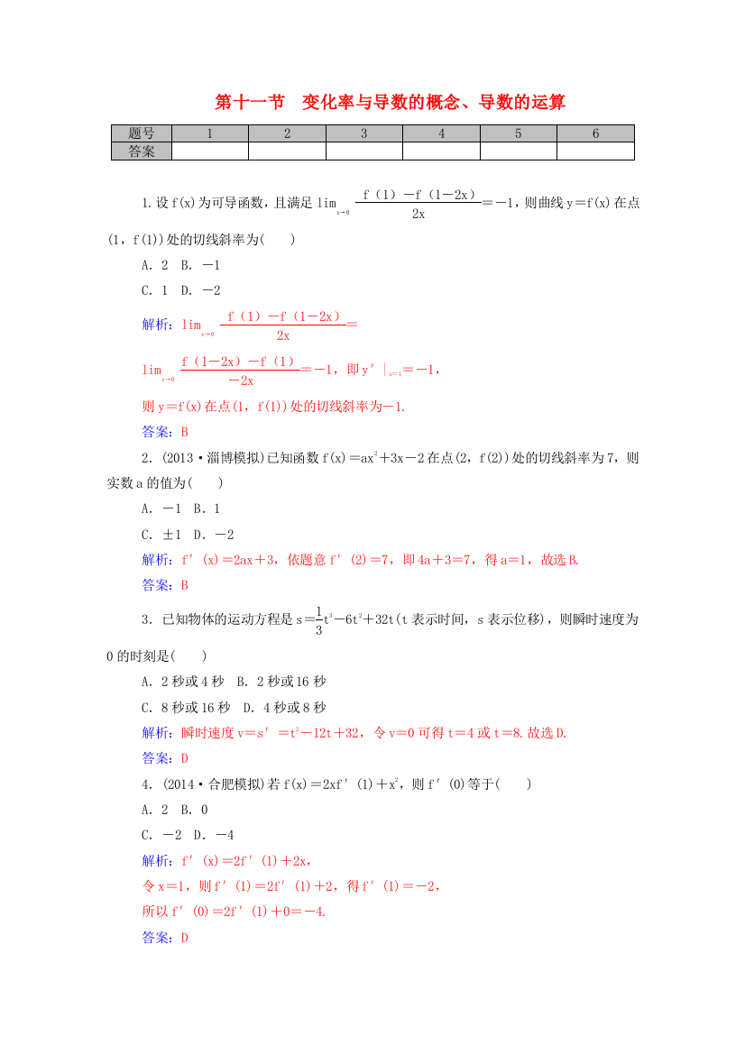 高考数学一轮复习211变化率与导数的概念、导数的运算课时作业文(含解析)