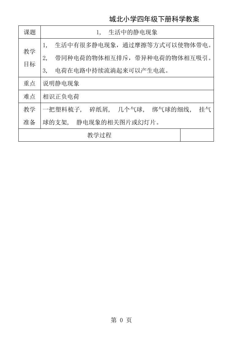 教科版小学科学四年级下册教案表格