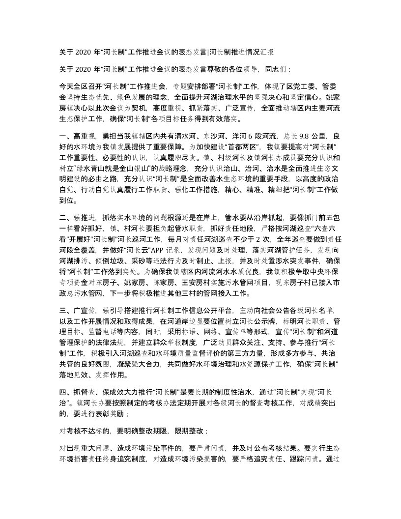 关于2020年“河长制”工作推进会议的表态发言河长制推进情况汇报