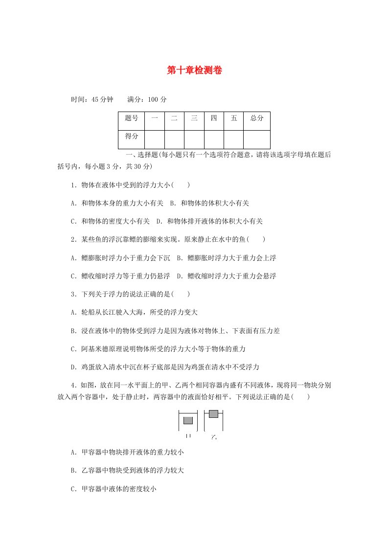 2019年八年级物理下册第10章浮力测试卷含解析新版新人教版