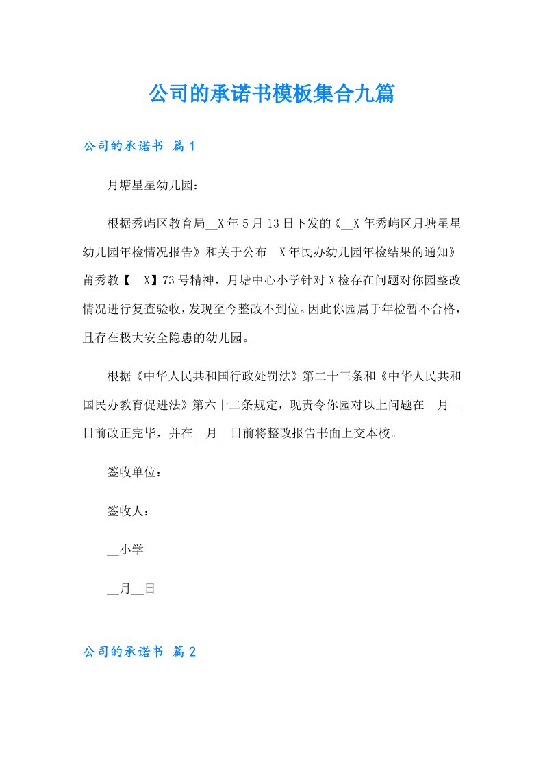 公司的承诺书模板集合九篇