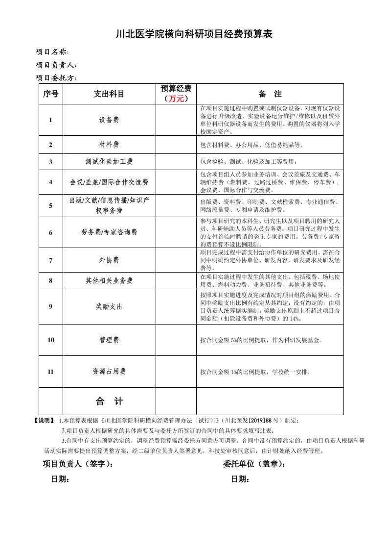 川北医学院横向科研项目经费预算表