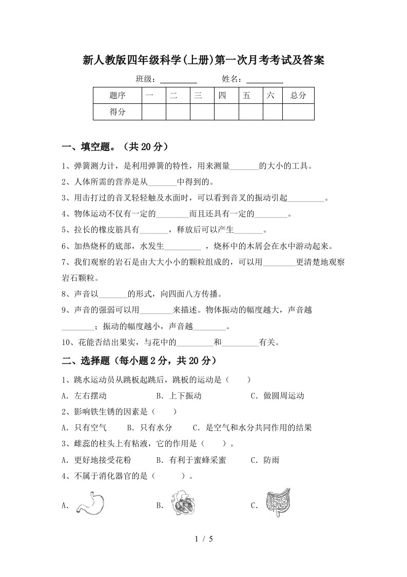 新人教版四年级科学上册第一次月考考试及答案