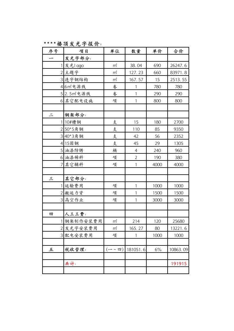 楼顶发光字报价