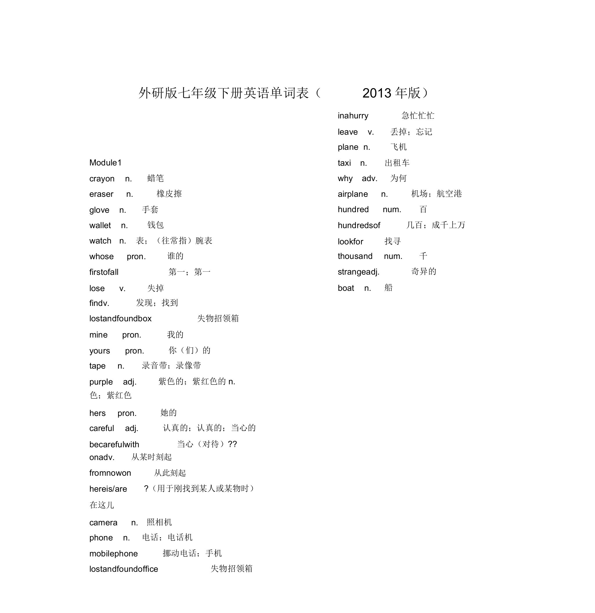 外研版七年级下册英语单词表版