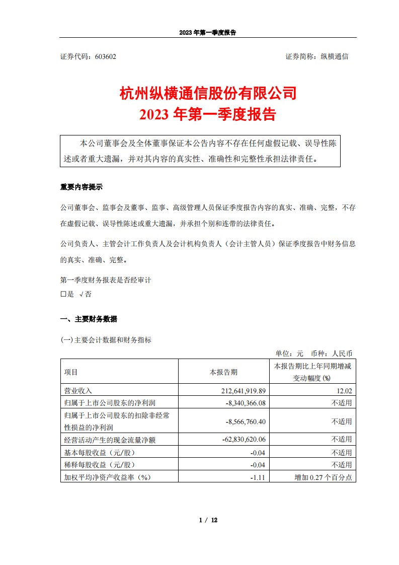 上交所-纵横通信2023年第一季度报告-20230428