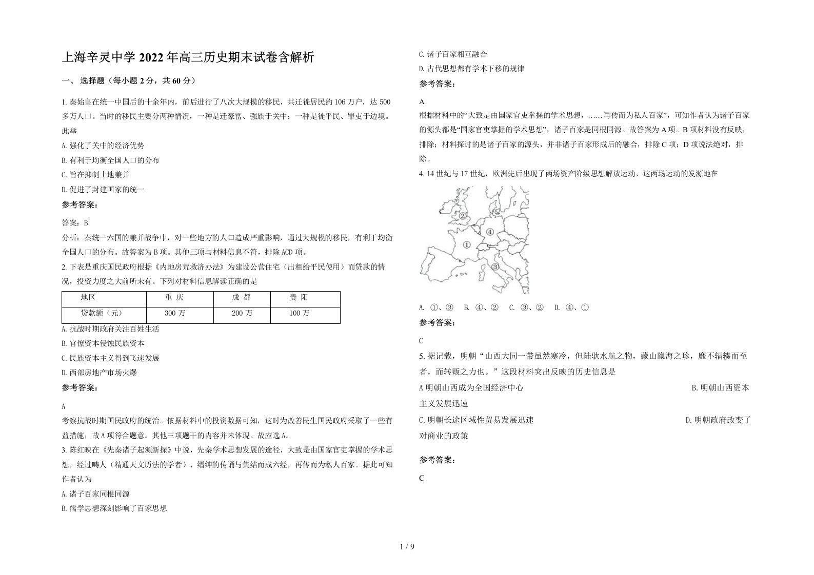 上海辛灵中学2022年高三历史期末试卷含解析