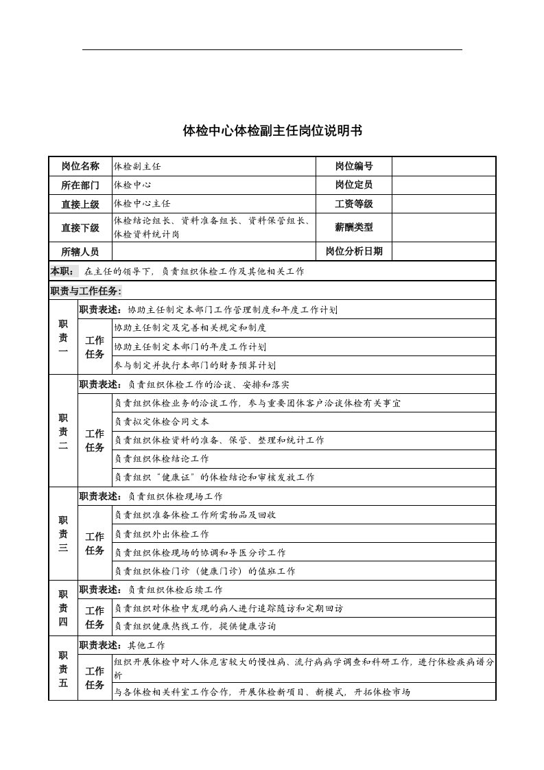 精选体检中心体检副主任岗位说明书