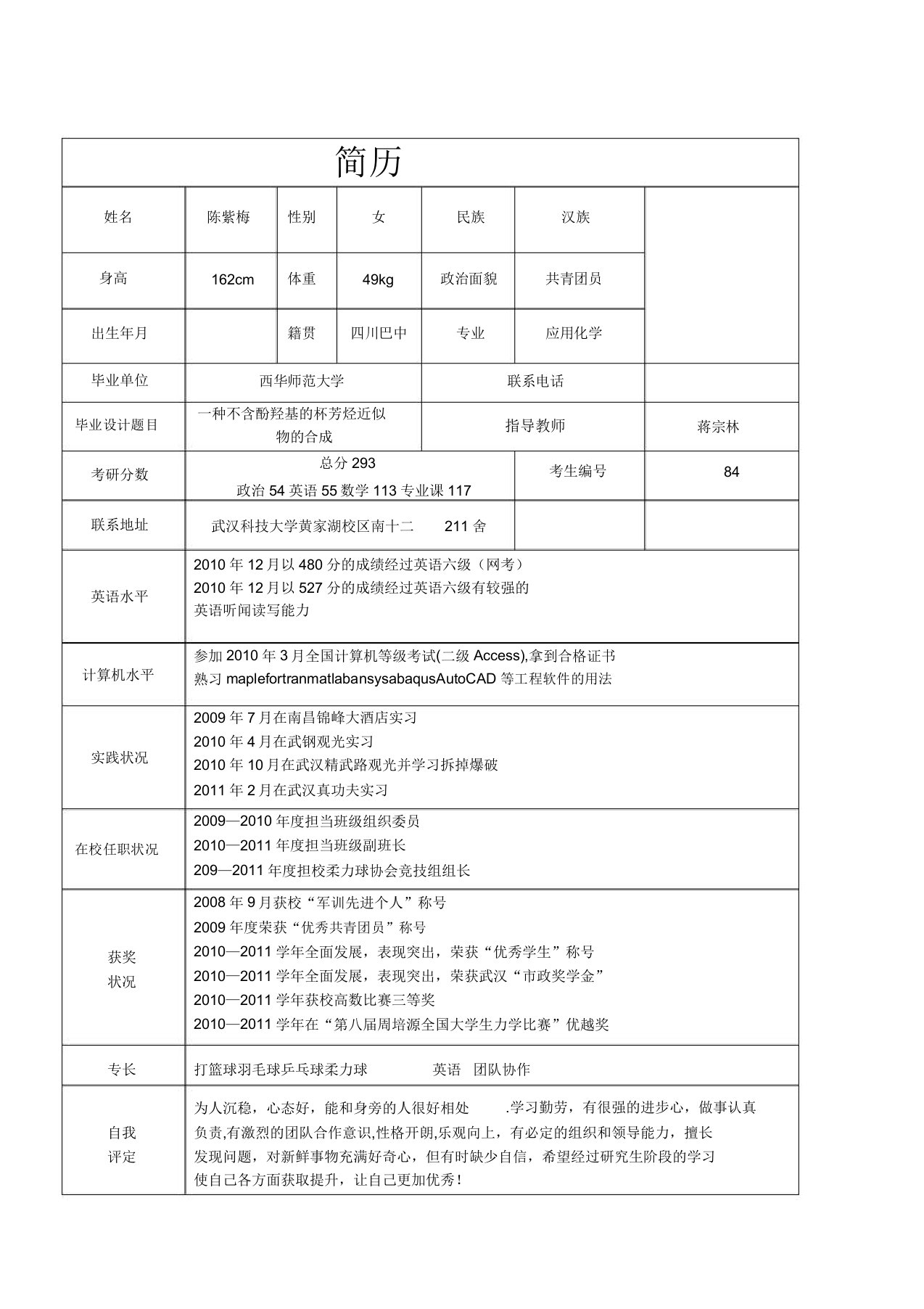 考研个人简历给导师看