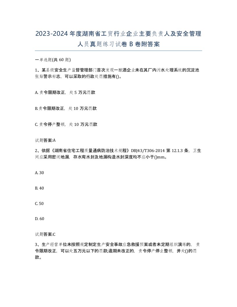 20232024年度湖南省工贸行业企业主要负责人及安全管理人员真题练习试卷B卷附答案