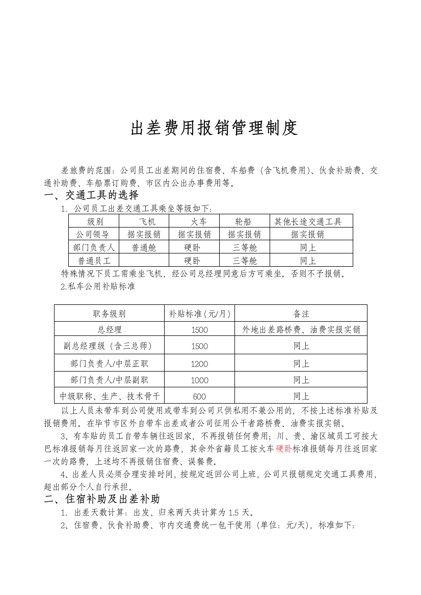 医药公司出差费用报销管理制度