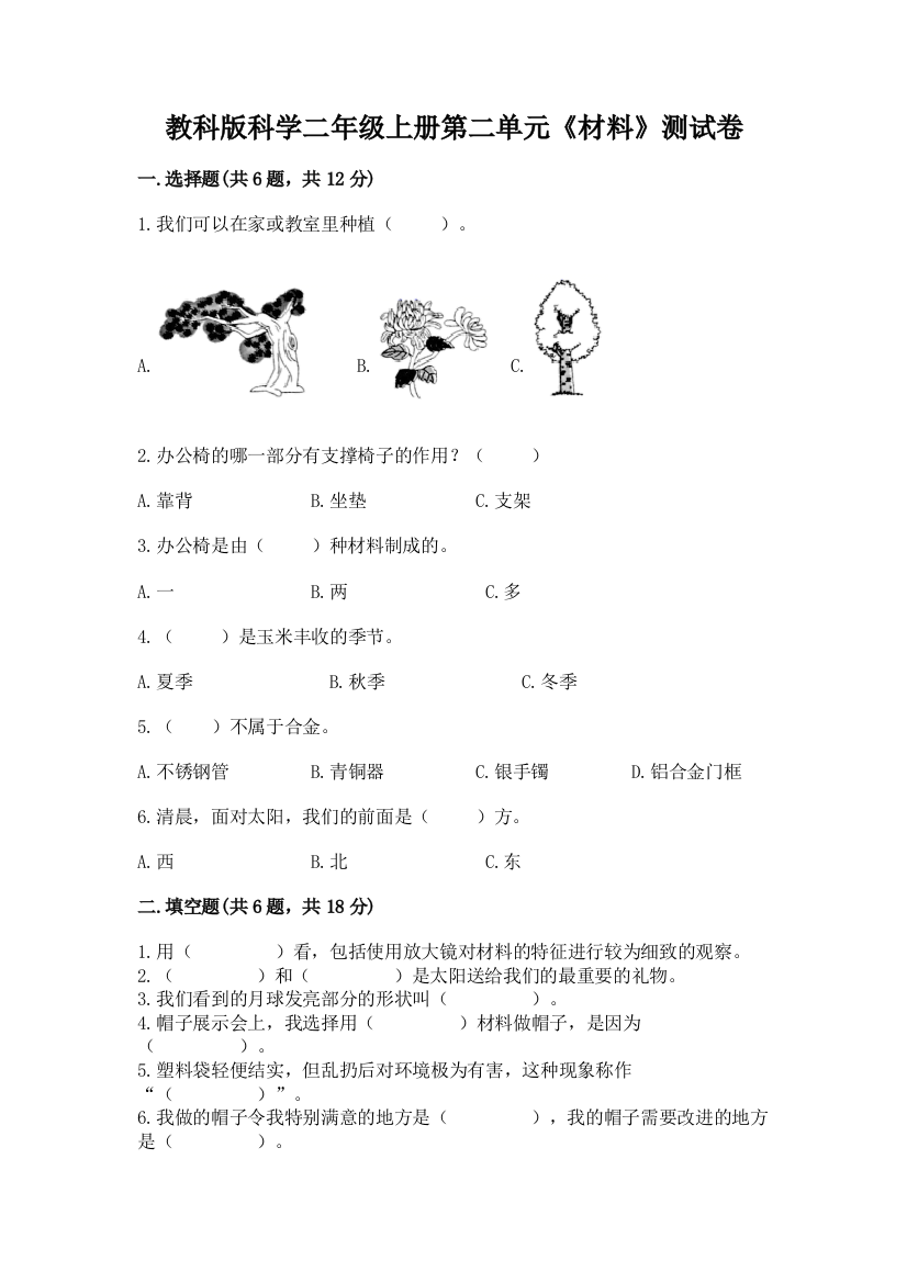 教科版科学二年级上册第二单元《材料》测试卷a4版打印