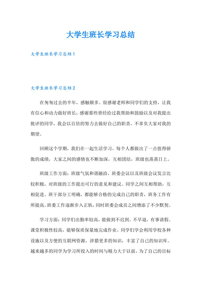 大学生班长学习总结