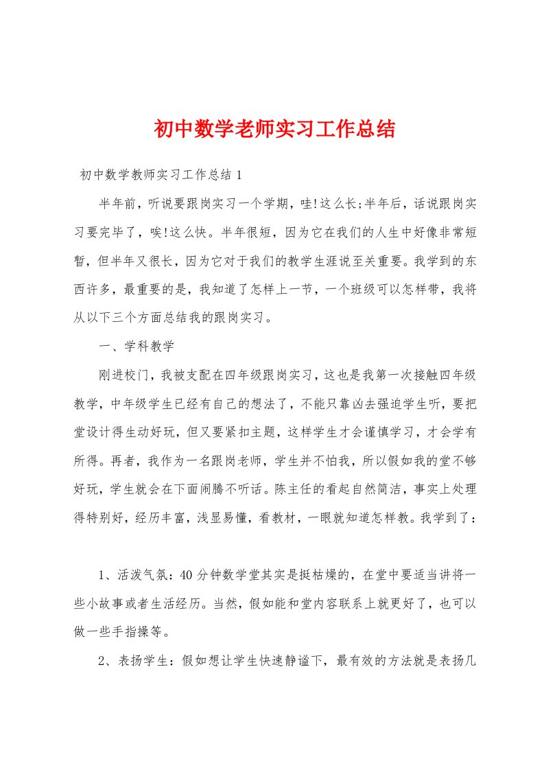 初中数学老师实习工作总结