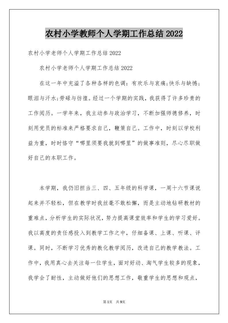 农村小学教师个人学期工作总结2022