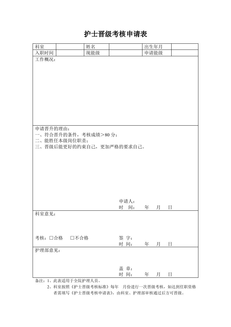 护士晋级考核申请表