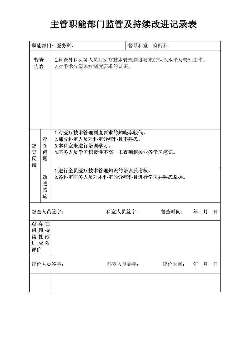 医院职能部门监管麻醉及持续改进记录表