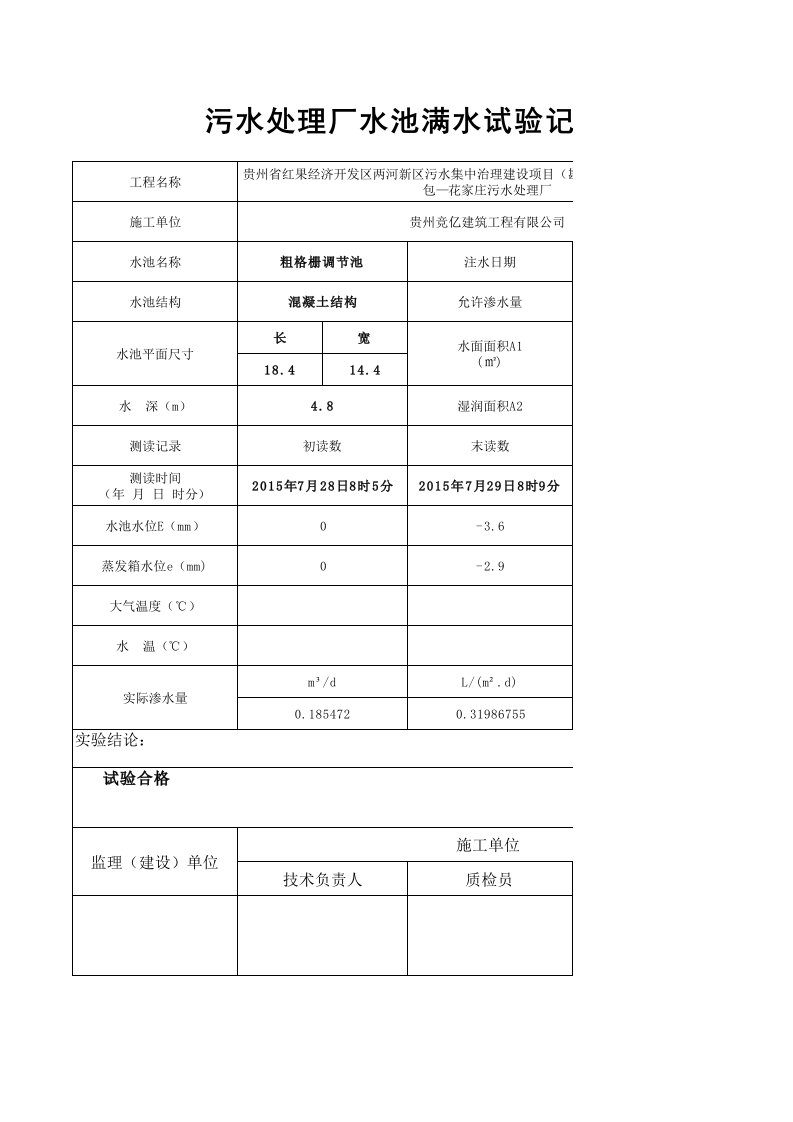 (自动计算公式)污水处理厂水池满水试验记录